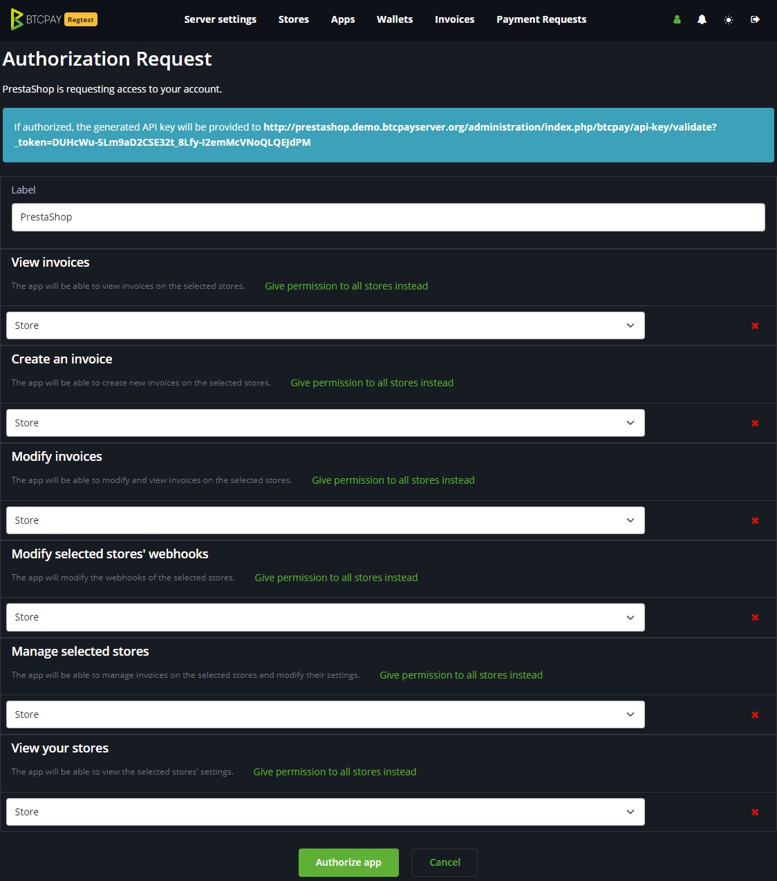 BTCPay Server PrestaShop API key setup BTCPay Server PrestaShop API key setup