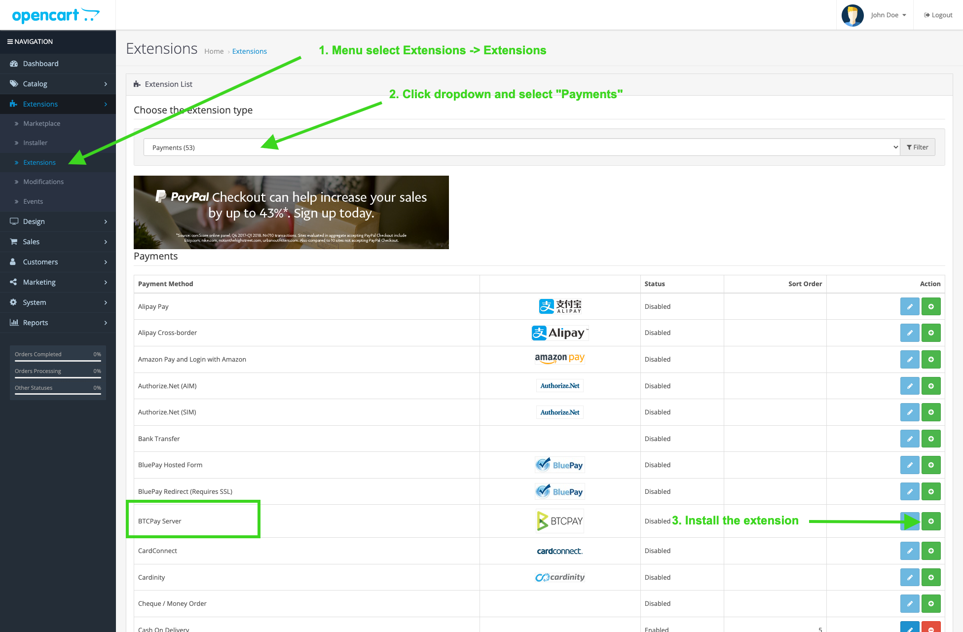 BTCPay OpenCart: Install extension BTCPay OpenCart: Install extension