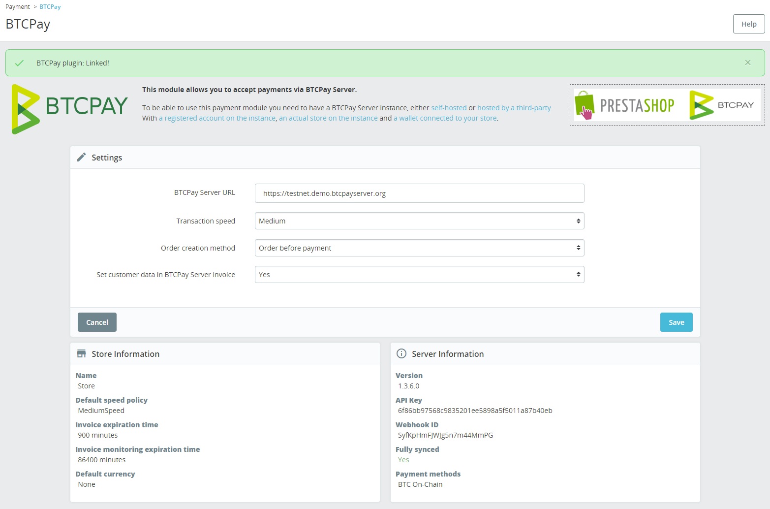 BTCPay Server PrestaShop setup finished BTCPay Server PrestaShop setup finished